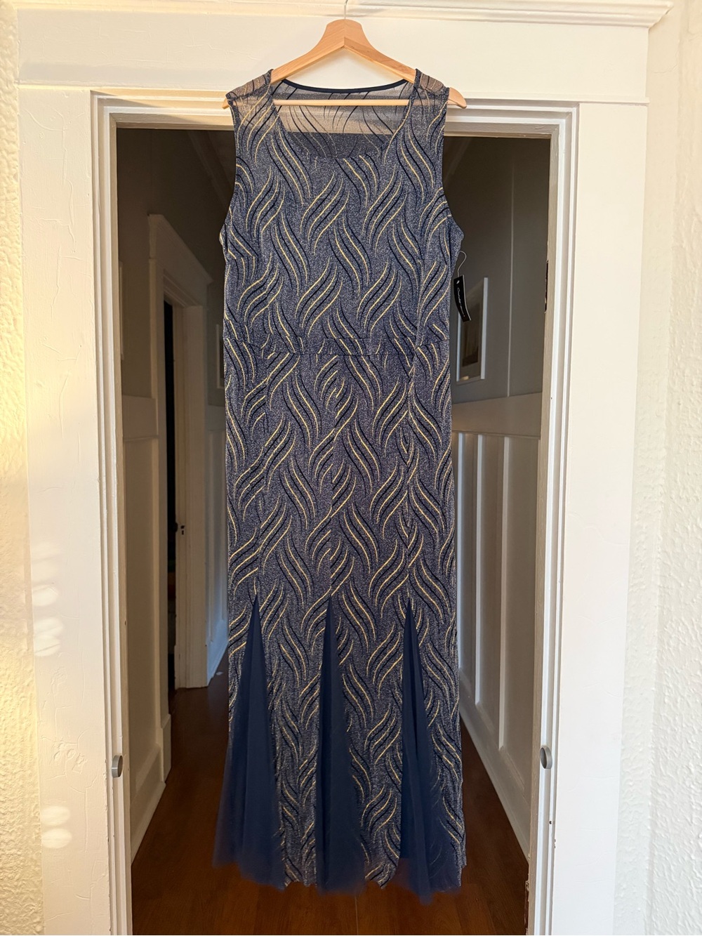 Sleeveless Navy Maxi Dress with Metallic Wave Accents